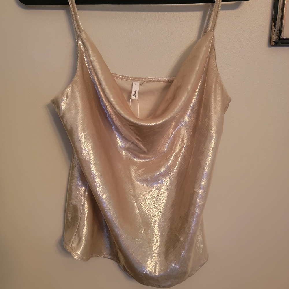 GLAM NWT Elegant Pale Gold Satin Cowl Neck Top Size Large
